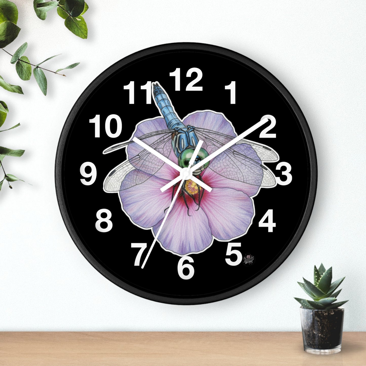 Dragonfly Hibiscus - Wall Clock — Black Background Silent 10" Clock