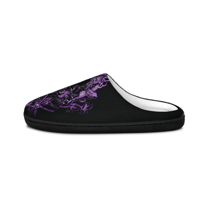 Floral Skull and Dragonfly Tattoo Art (Pink) - Black & Pink Comfy House Slippers