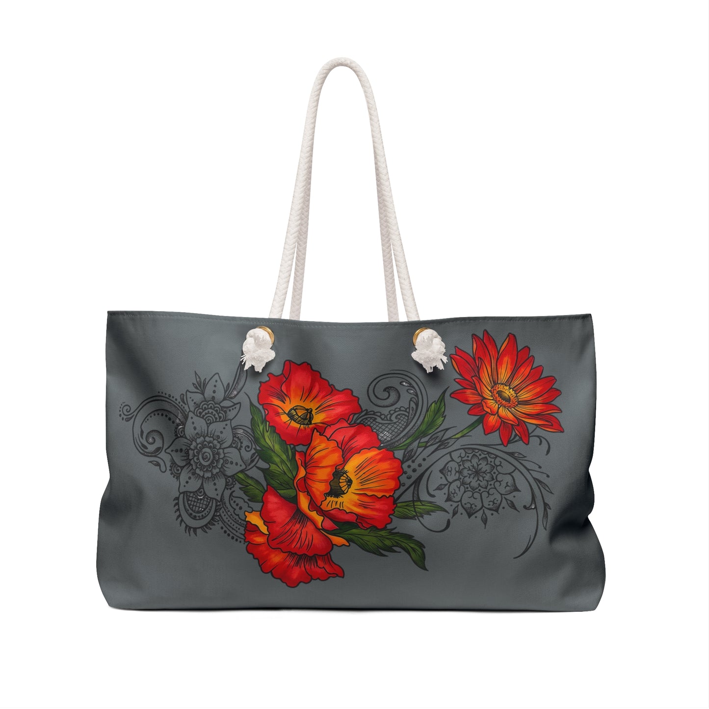 Floral Red Poppy Weekender Bag — Overnight Tote & Beach Bag