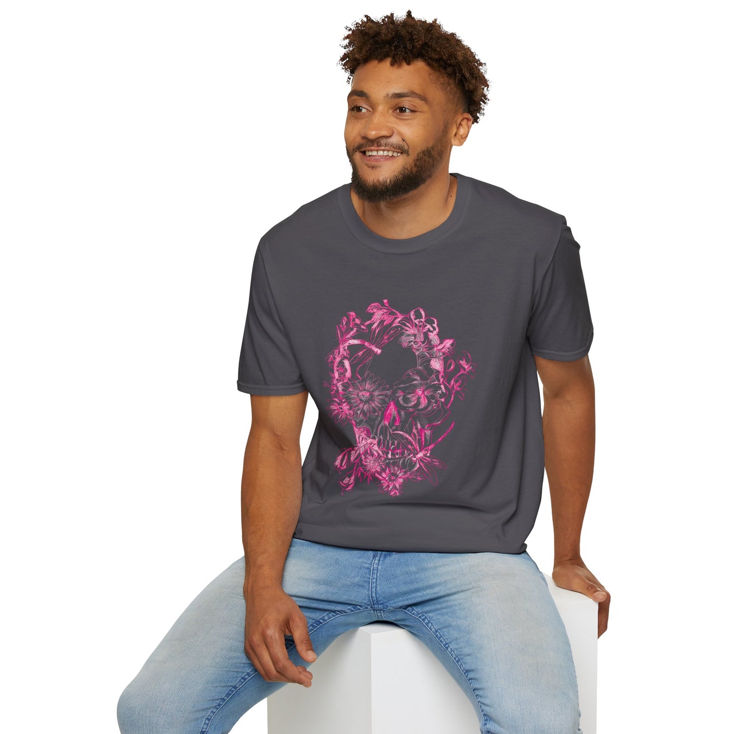 Floral Skull and Dragonfly Tattoo Art (Pink) - Unisex Softstyle T-Shirt
