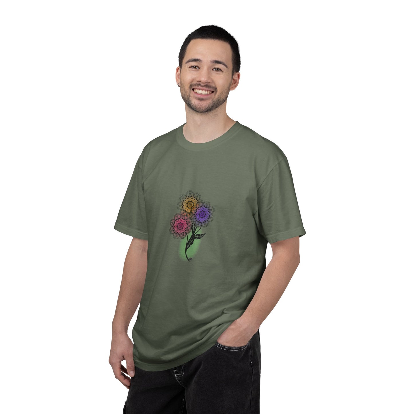 Skull Flower Mandela Trio - Unisex T-Shirt — Hand-Drawn Flower Bouquet & Sugar Skull Back Print