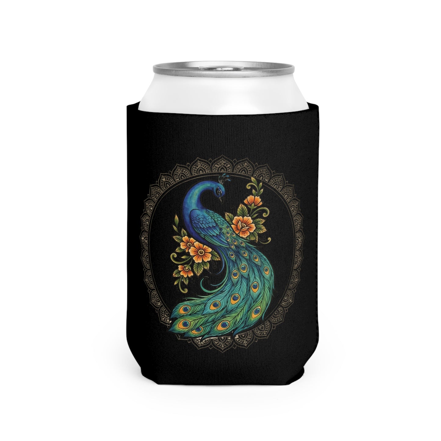 Floral Peacock Mandala - Can Cooler Sleeve — Neoprene 12 oz Insulator