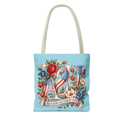Floral USA -- Happy 250th Birthday America Tote Bag — Patriotic 4th of July Celebration Tote