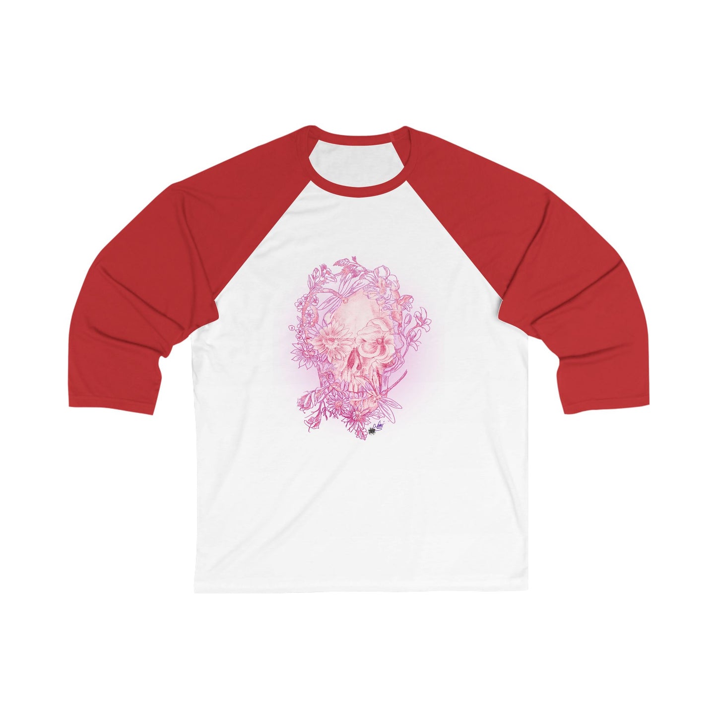Floral Skull and Dragonfly Tattoo Art (Pink)  Unisex 3\4 Sleeve Baseball Tee