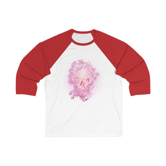 Floral Skull and Dragonfly Tattoo Art (Pink)  Unisex 3\4 Sleeve Baseball Tee