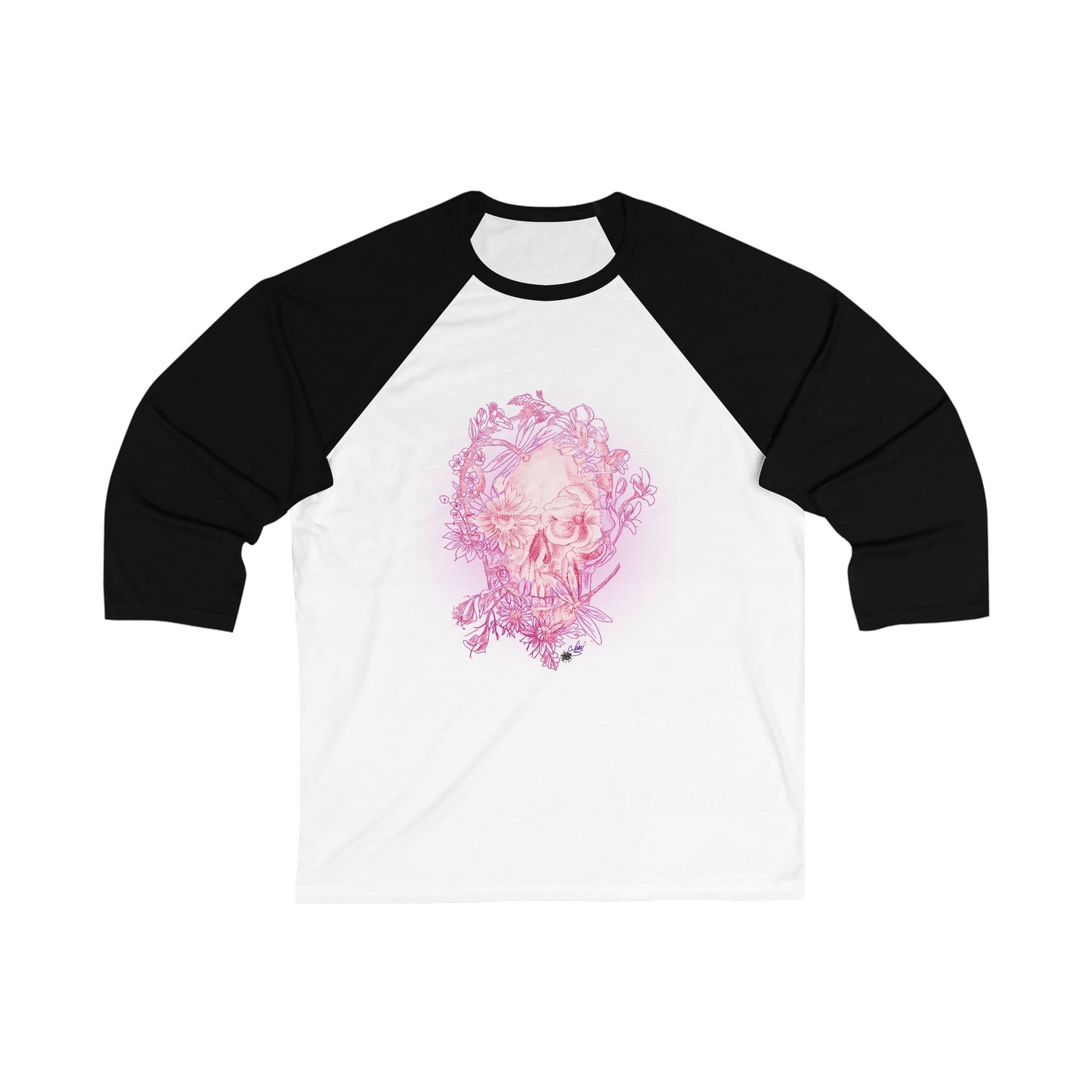 Floral Skull and Dragonfly Tattoo Art (Pink)  Unisex 3\4 Sleeve Baseball Tee