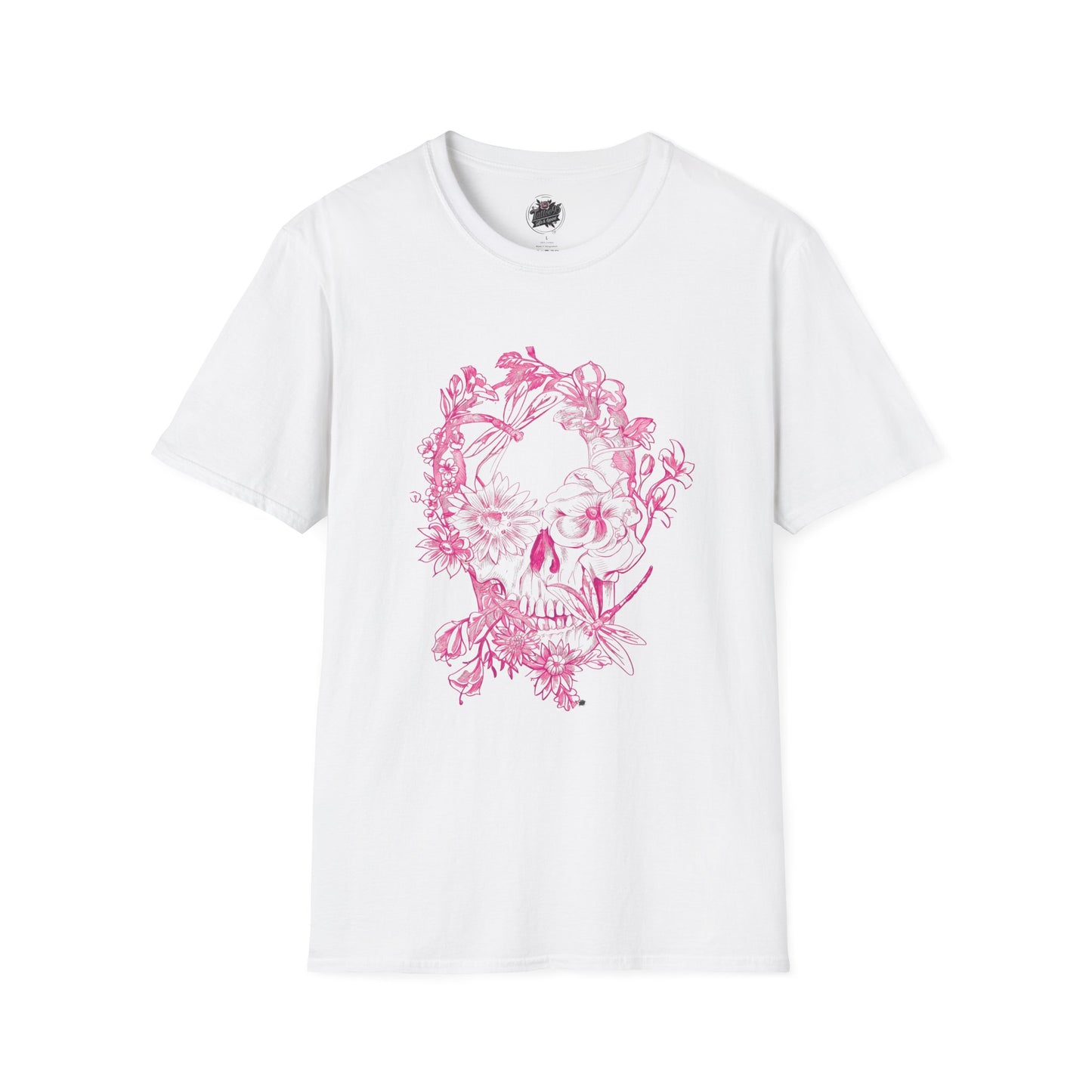 Floral Skull and Dragonfly Tattoo Art (Pink) - Unisex Softstyle T-Shirt