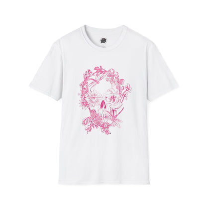 Floral Skull and Dragonfly Tattoo Art (Pink) - Unisex Softstyle T-Shirt