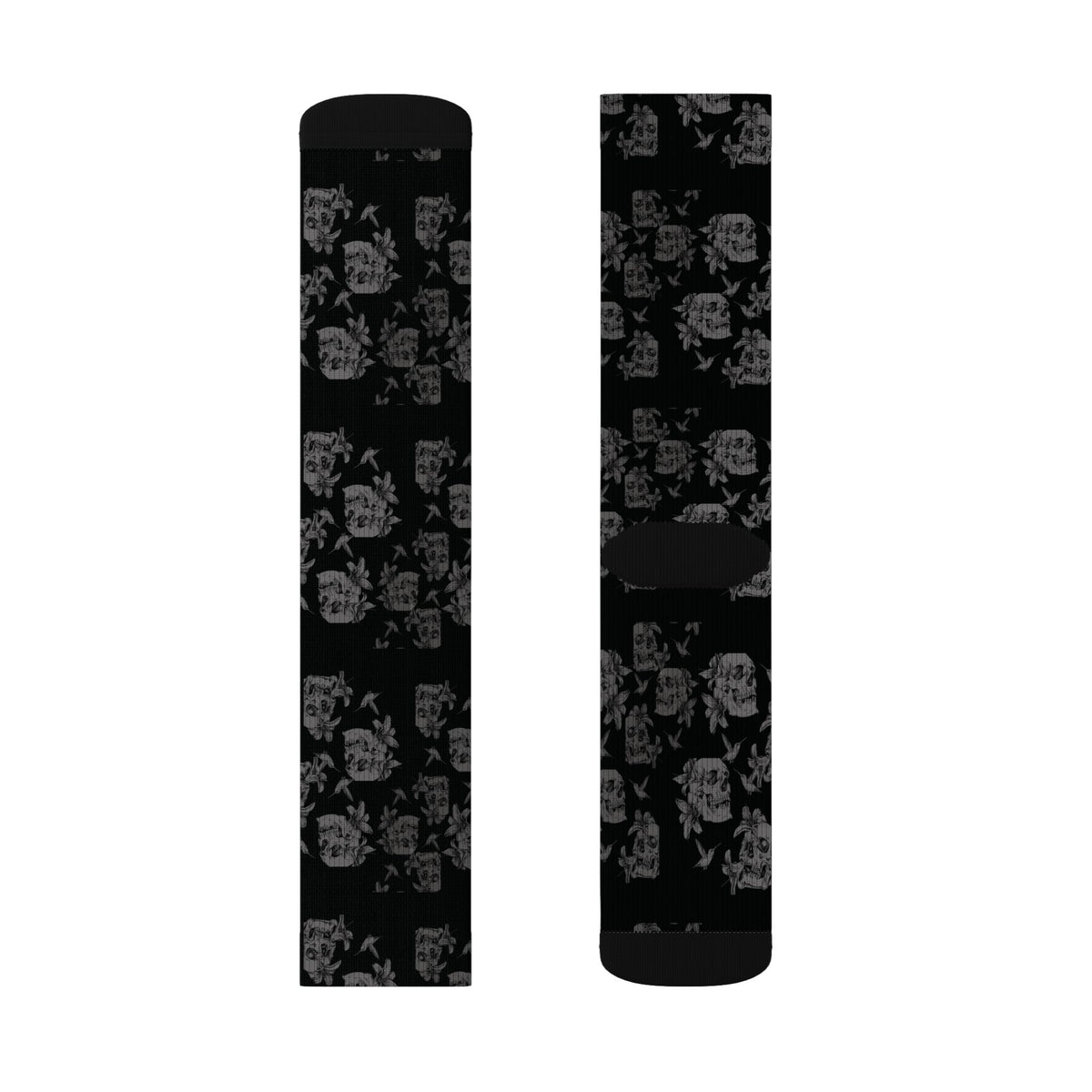 Skull Lily Tattoo Artwork Sublimation Socks — Black Gothic Crew Socks for Halloween & Everyday