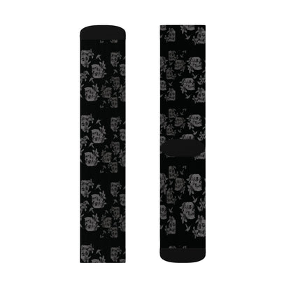 Skull Lily Tattoo Artwork Sublimation Socks — Black Gothic Crew Socks for Halloween & Everyday