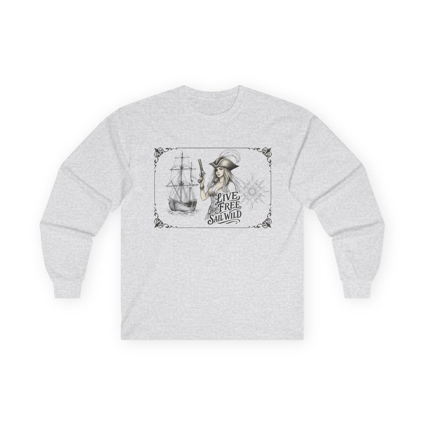 Live Free, Sail Wild Pirate Lady with Back Quote "I’m the Storm You Saw Coming" - Gildan Adult Long Sleeve Ultra Cotton T-Shirt