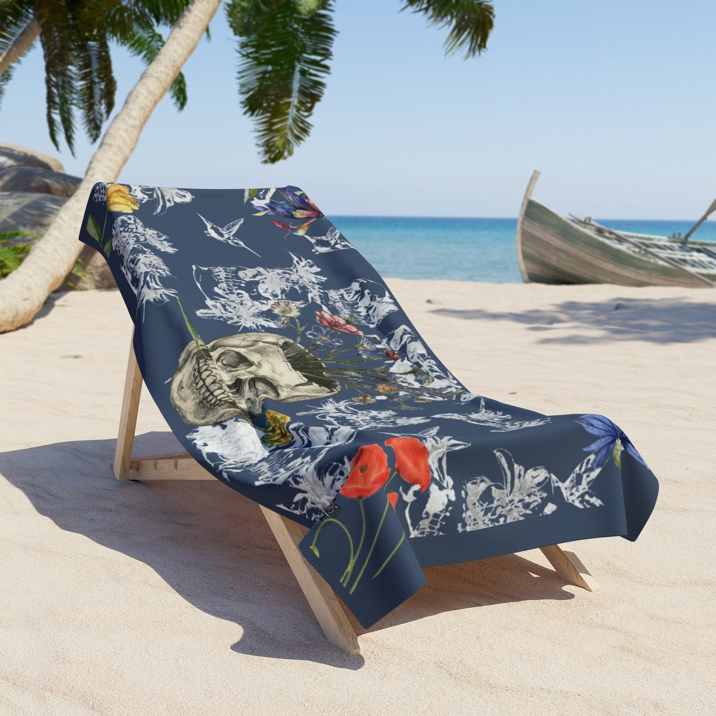 Potted Skull (hummingbird background) - Beach Towel — Botanical Skull Design (Small & Large)