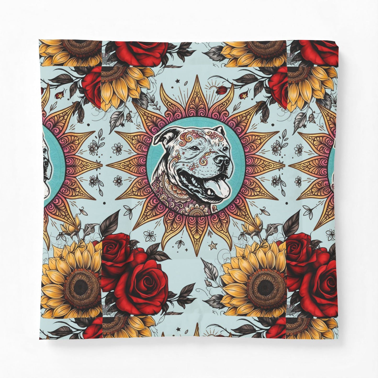 Sun Pittie with Sunflowers & Roses - Boho Floral Pet Portrait Cotton Comforter - Soft White Down Alternative Duvet
