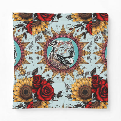 Sun Pittie with Sunflowers & Roses - Boho Floral Pet Portrait Cotton Comforter - Soft White Down Alternative Duvet