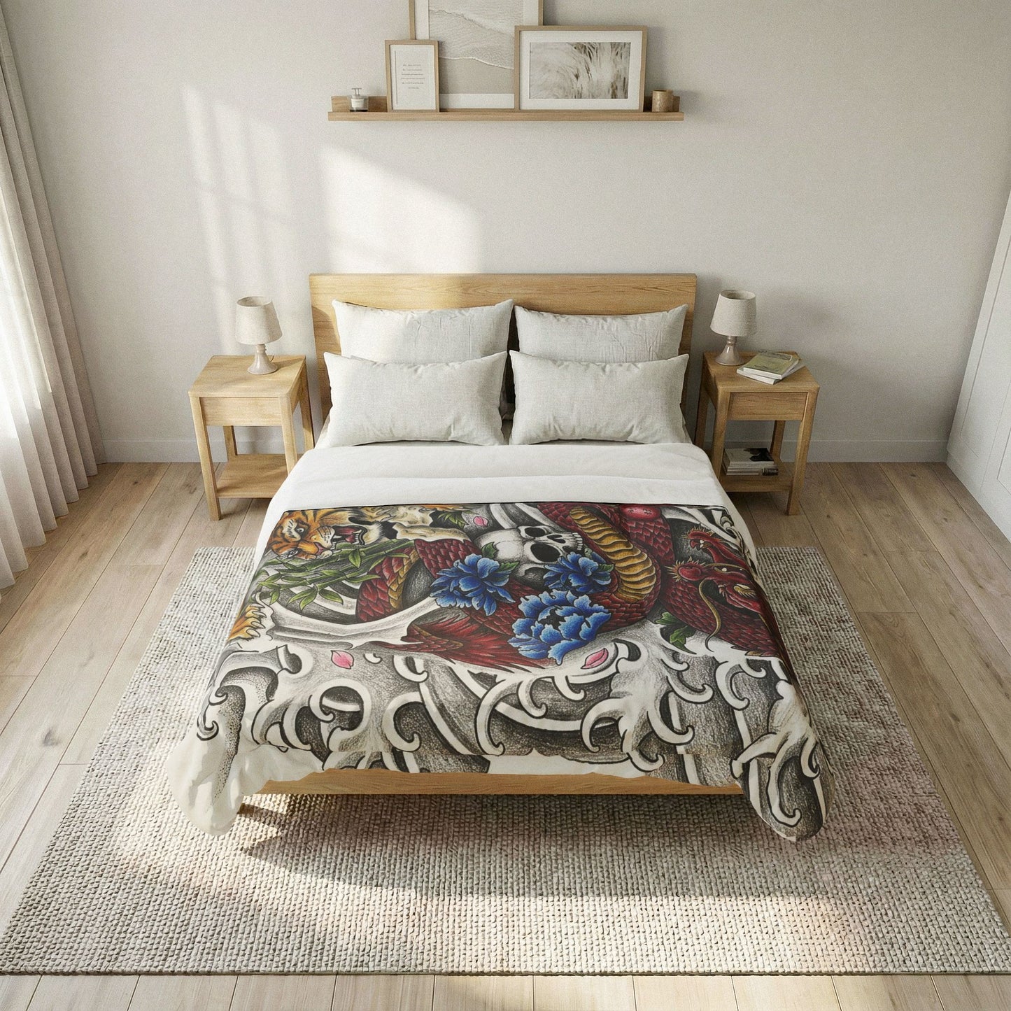Tiger, Dragon & Skulls Cotton Comforter - Soft White Down Alternative Duvet - Japanese Style Bedding