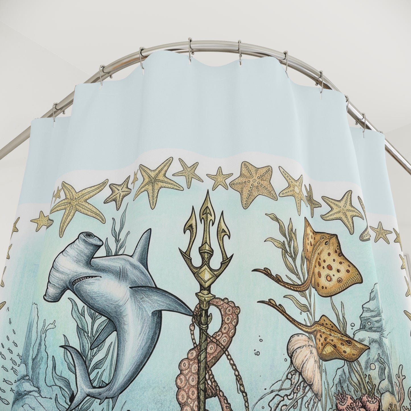 Ocean Tattoo Underwater Journey Shower Curtain — Nautical Bathroom Art