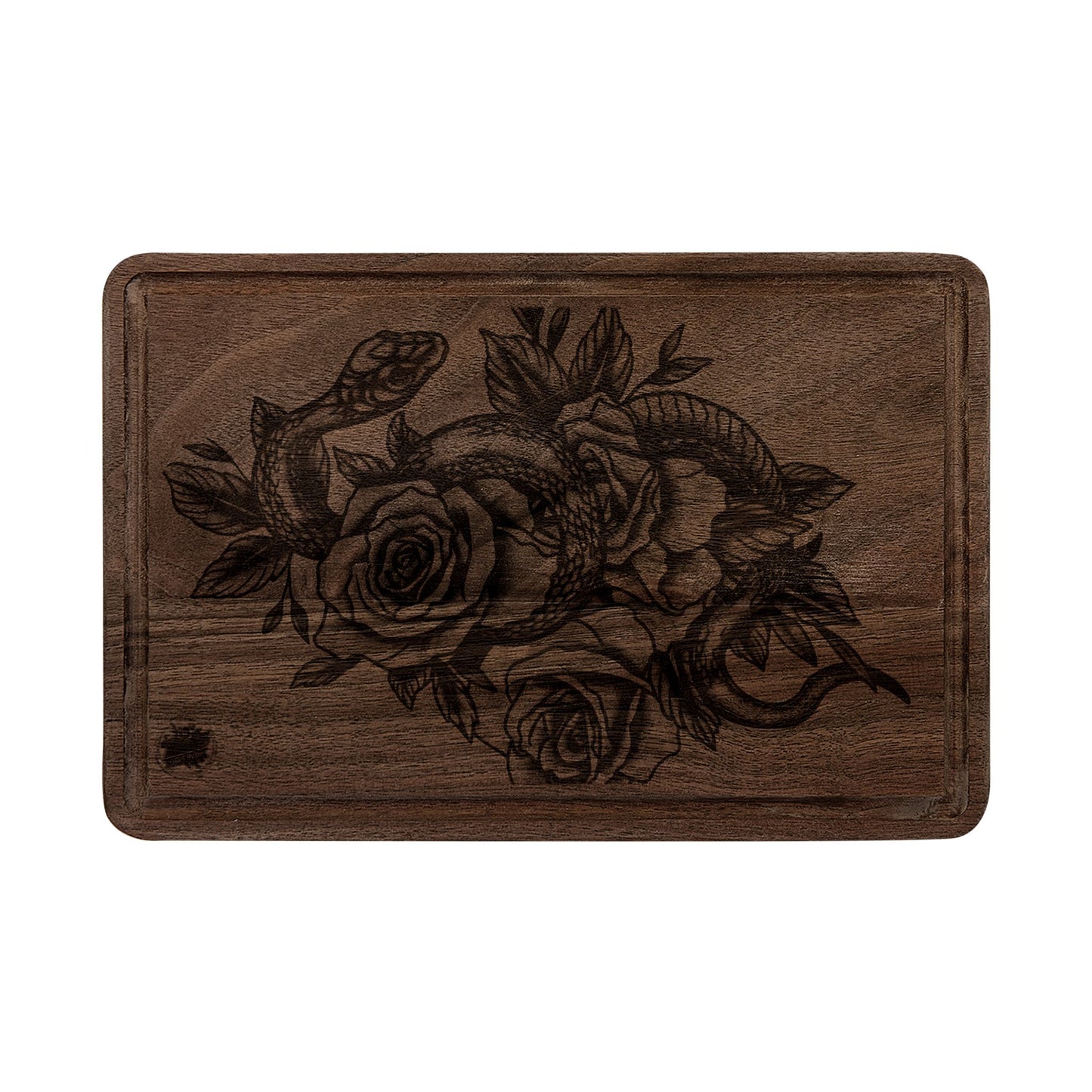 Snake & Roses Engraved Wooden Cutting Board — Decorative Paddle & Rectangular Serving Board