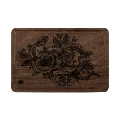 Snake & Roses Engraved Wooden Cutting Board — Decorative Paddle & Rectangular Serving Board