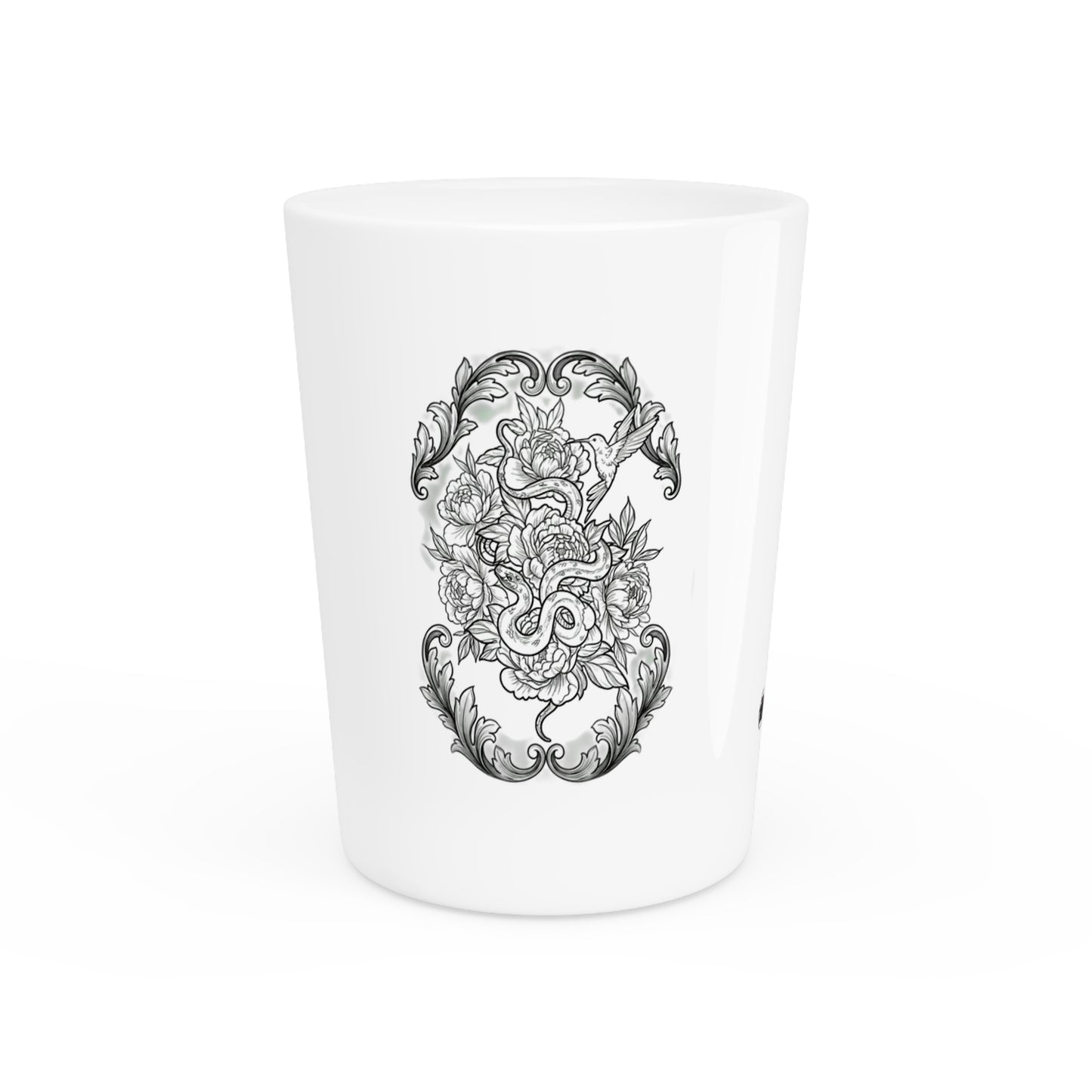 Snake, Hummingbird and Peonies Tattoo Artwork- Ceramic Shot Glass