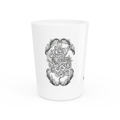 Snake, Hummingbird and Peonies Tattoo Artwork- Ceramic Shot Glass