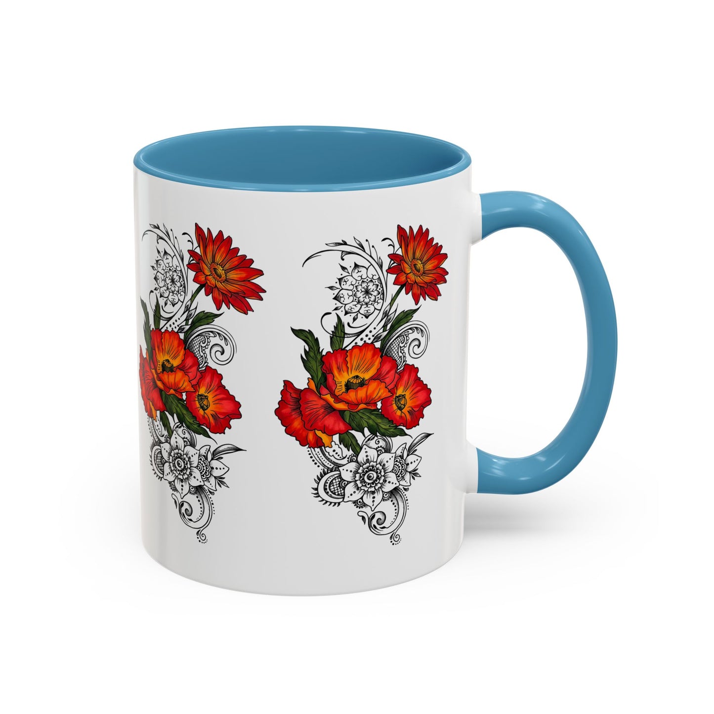 Orange & Red Poppy Flowers Original Tattoo Artwork - Coffee Mug (11oz & 15oz) Your choice of Interior & Handle choices