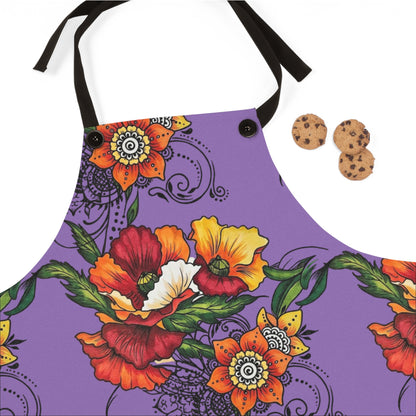 Orange & Red Poppy Flowers Original Tattoo Artwork - Purple Apron