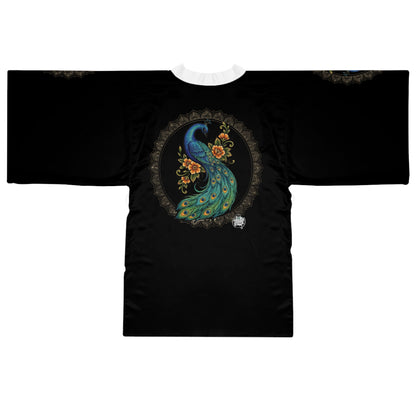 Floral Peacock Mandala - Kimono Robe — Mid‑Length Silk‑Like Wrap
