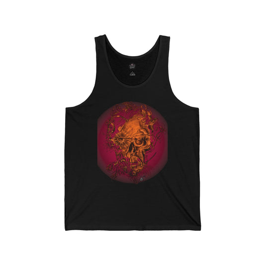 Floral Skull and Dragonfly Tattoo Art (Orange) - Black Unisex Jersey Tank