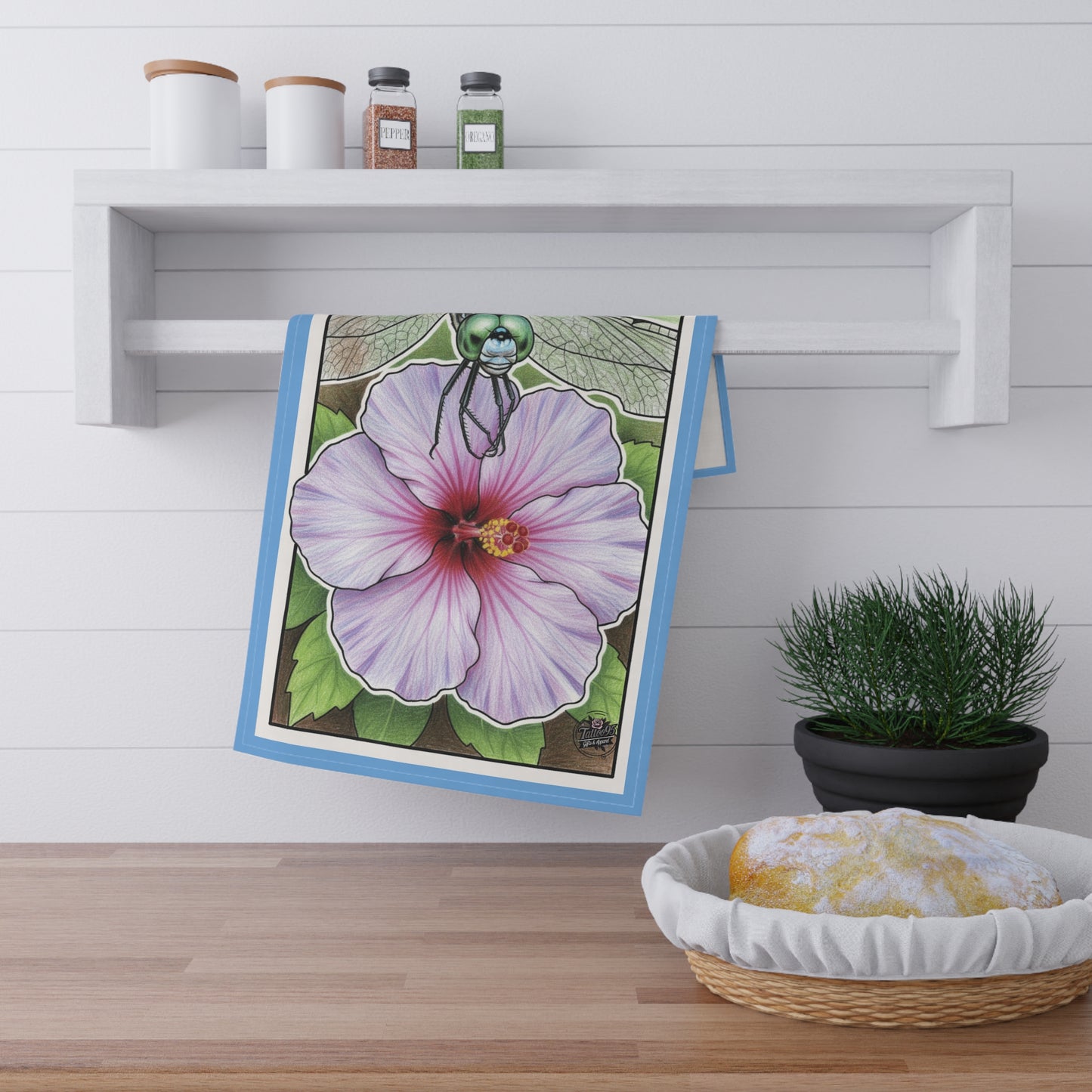 Dragonfly & Hibiscus Tea Towel — Vintage Botanical Sketch Kitchen Towel