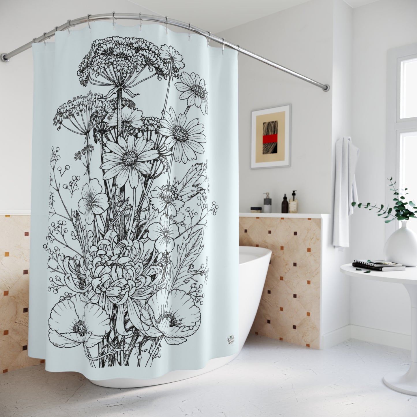 Wildflower Tattoo Artwork Shower Curtain — Floral Art Bathroom Decor