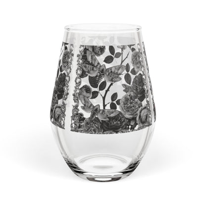 Black Rose Moths Stemless Wine Glass — Floral 11.75 oz Decorative Glassware