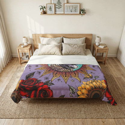 Sun Pittie with Sunflowers & Roses - Boho Floral Pet Portrait Cotton Comforter - Soft White Down Alternative Duvet