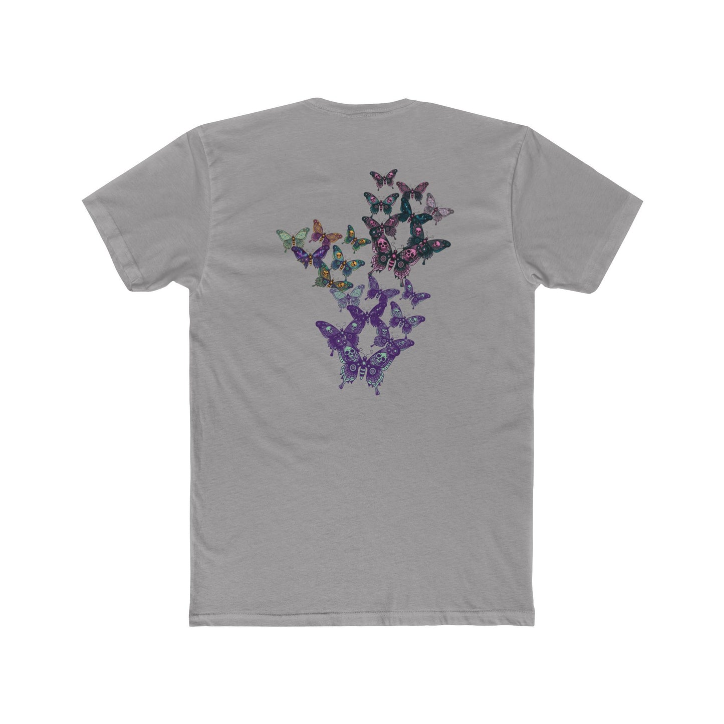 Moth & Skulls Crew Tee — Blue Graphic 'Quiet Promise' Cotton Tee