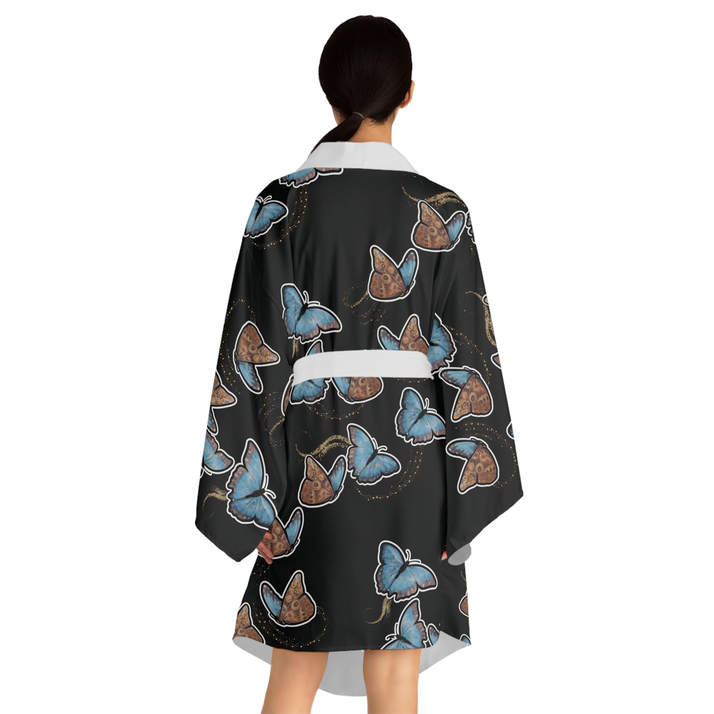 Blue Morphis Butterfly Kimono Robe — Silky Long-Sleeve Lounge & Party Wrap