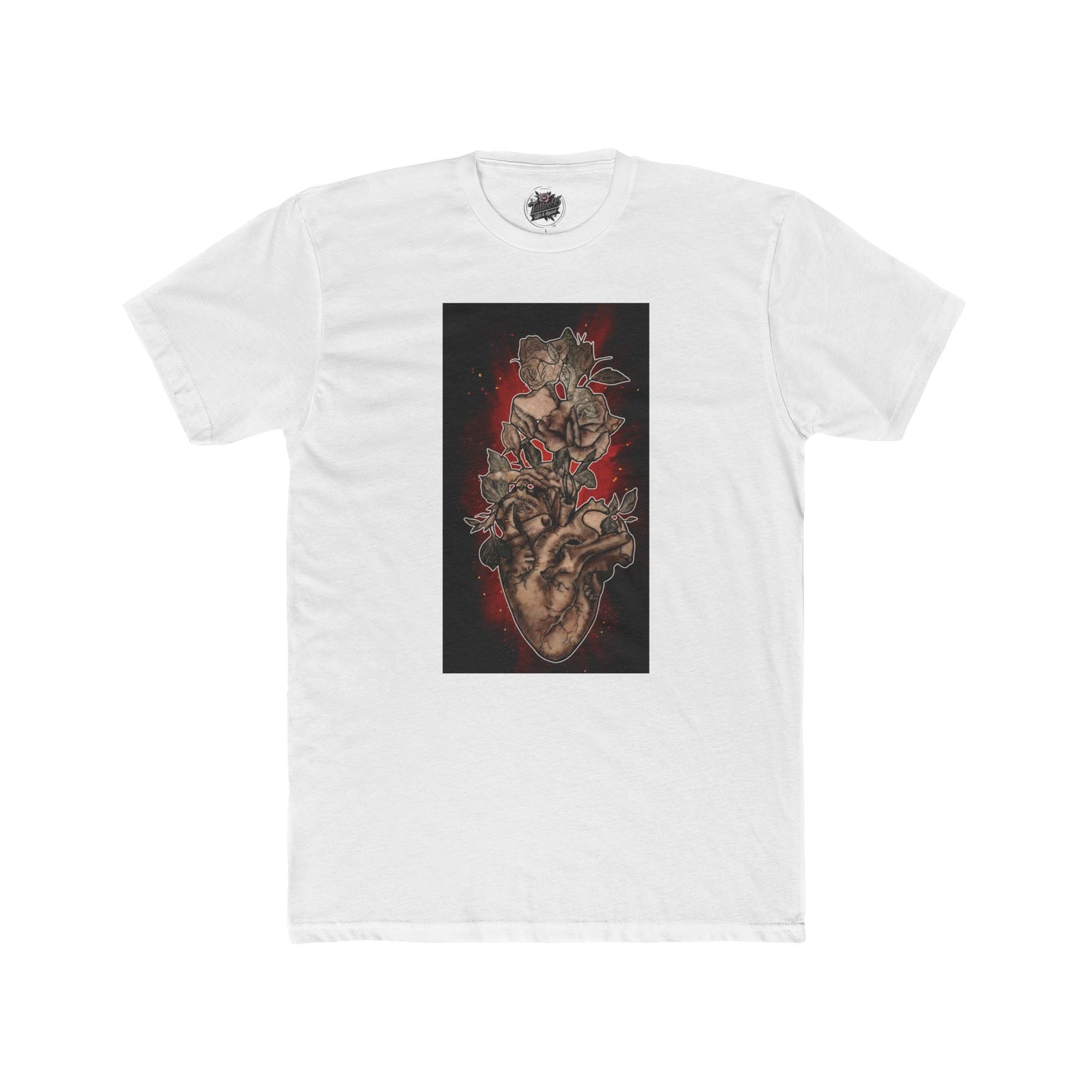 Anatomical Heart Tattoo Sephia w Red Burst - Black/White Crewneck Unisex Tee