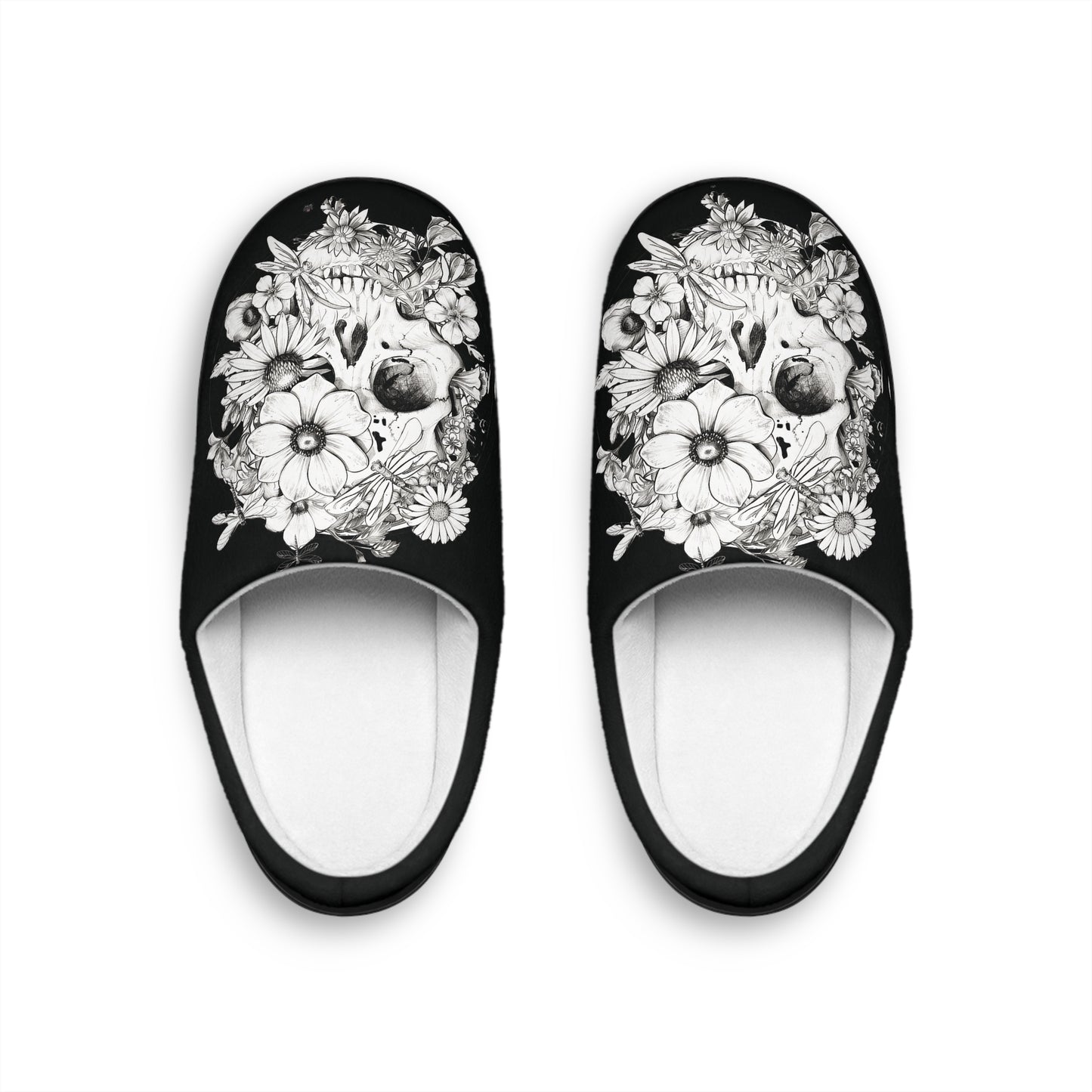 Floral Skull Art  - Black & White Comfy House Slippers