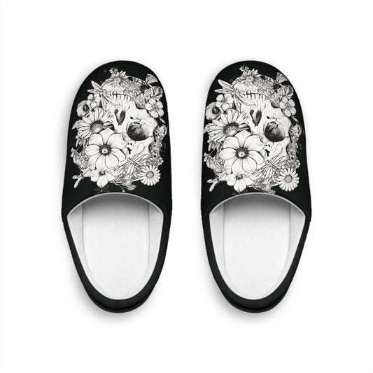 Floral Skull Art  - Black & White Comfy House Slippers