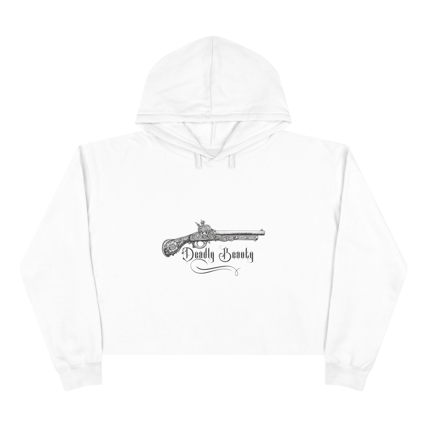 White hoodie with a black graphic design on a white background
