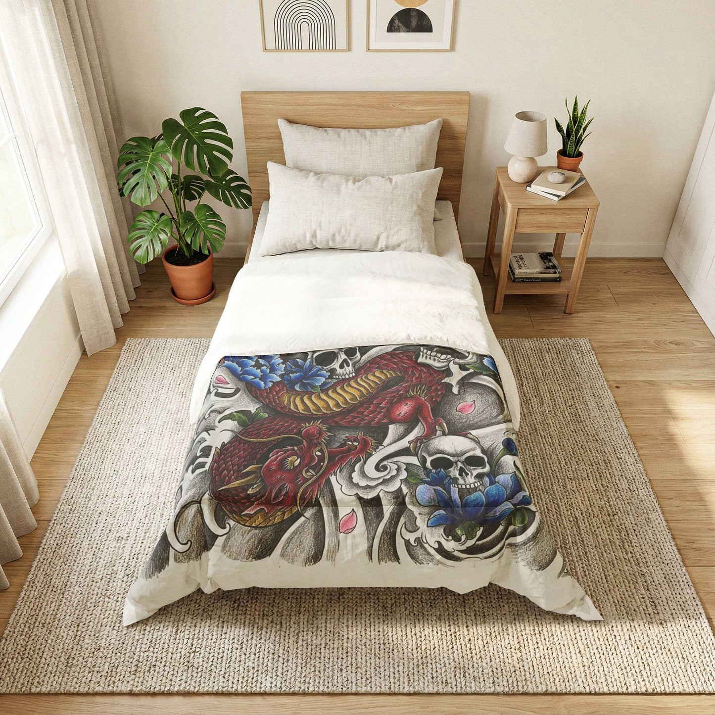 Tiger, Dragon & Skulls Cotton Comforter - Soft White Down Alternative Duvet - Japanese Style Bedding