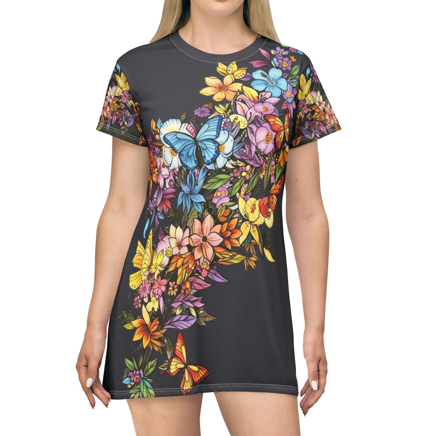 Butterfly Floral Cascade T-Shirt Dress — All-Over Print