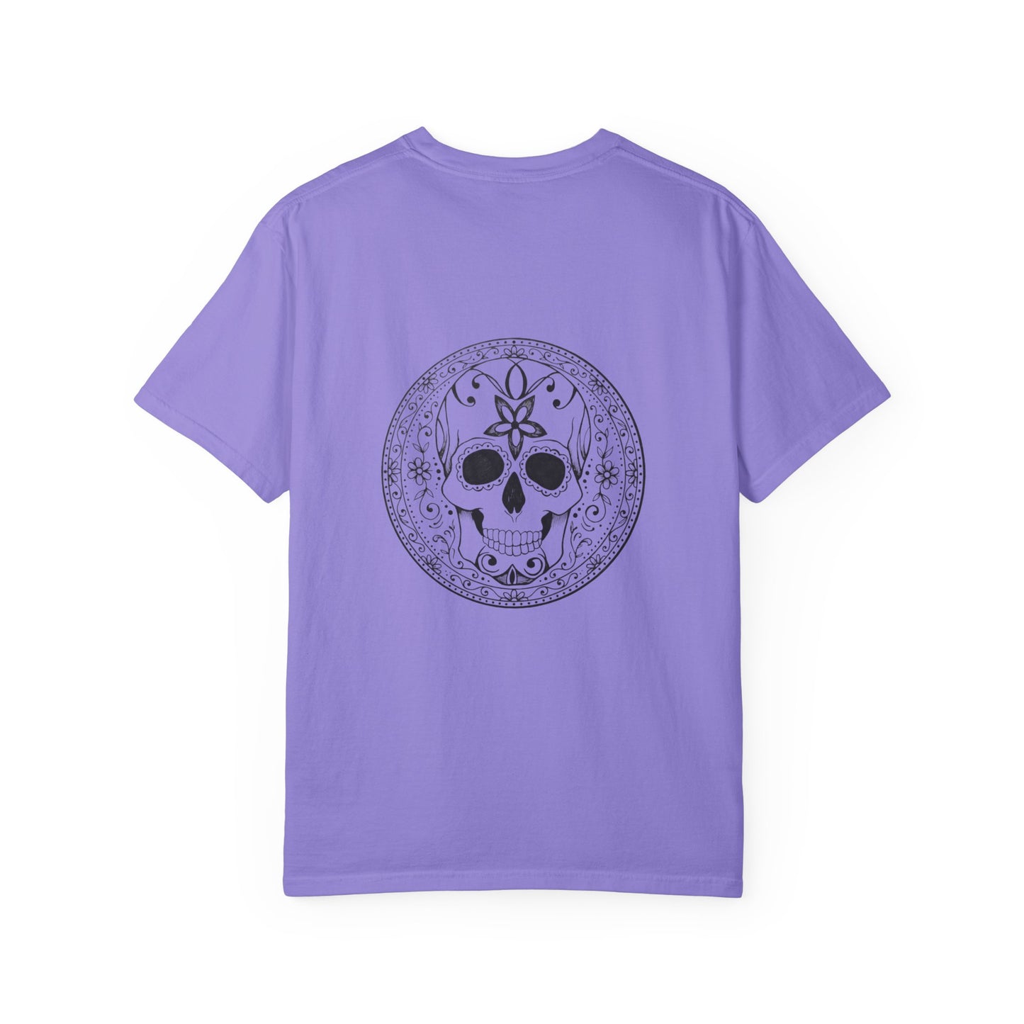 Skull Flower Mandela Trio - Unisex T-Shirt — Hand-Drawn Flower Bouquet & Sugar Skull Back Print
