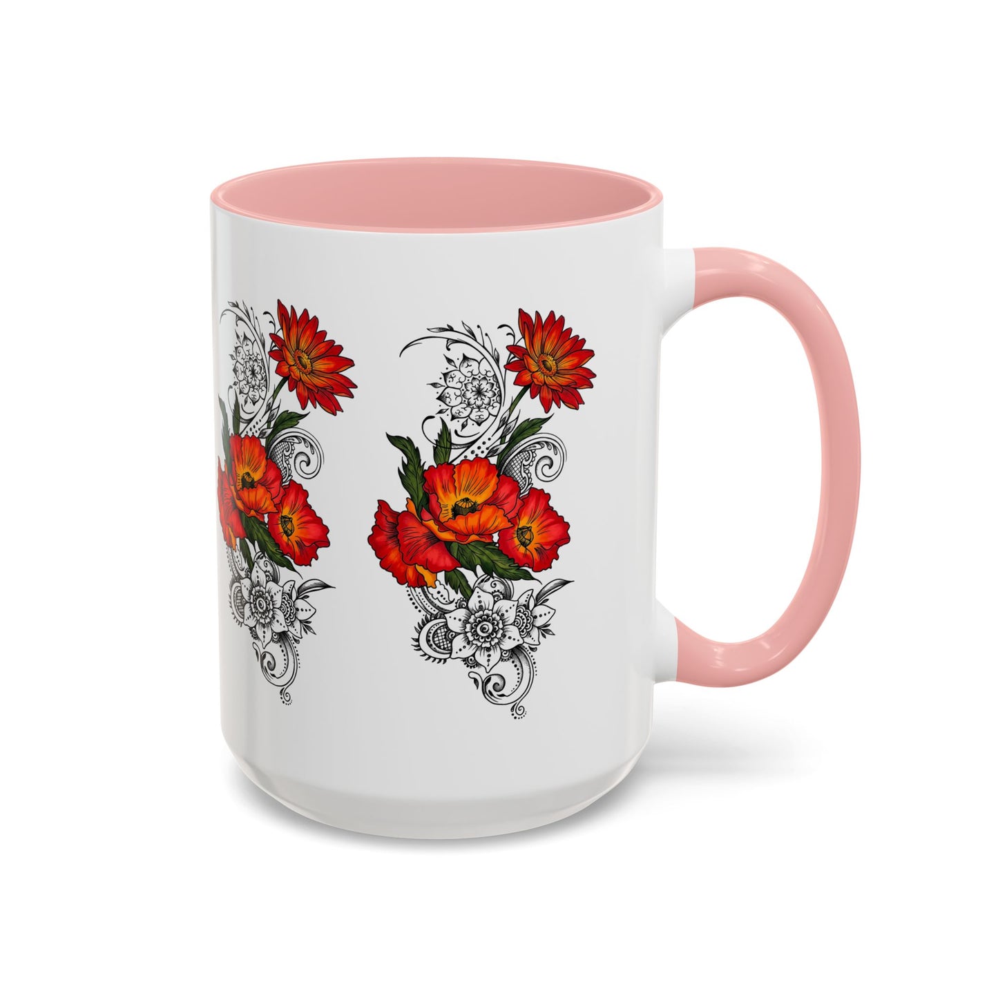 Orange & Red Poppy Flowers Original Tattoo Artwork - Coffee Mug (11oz & 15oz) Your choice of Interior & Handle choices