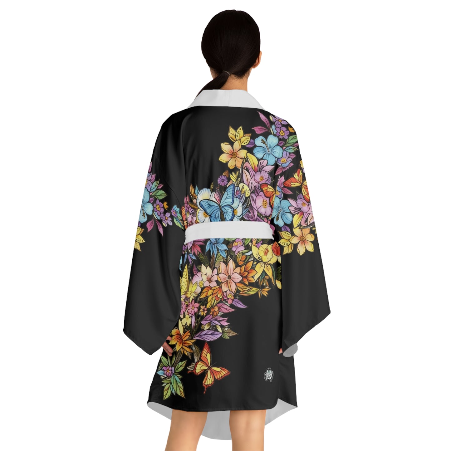 Butterfly Cascading Flowers - Kimono Robe — Silk-Touch Mid-Length Tattooed Print