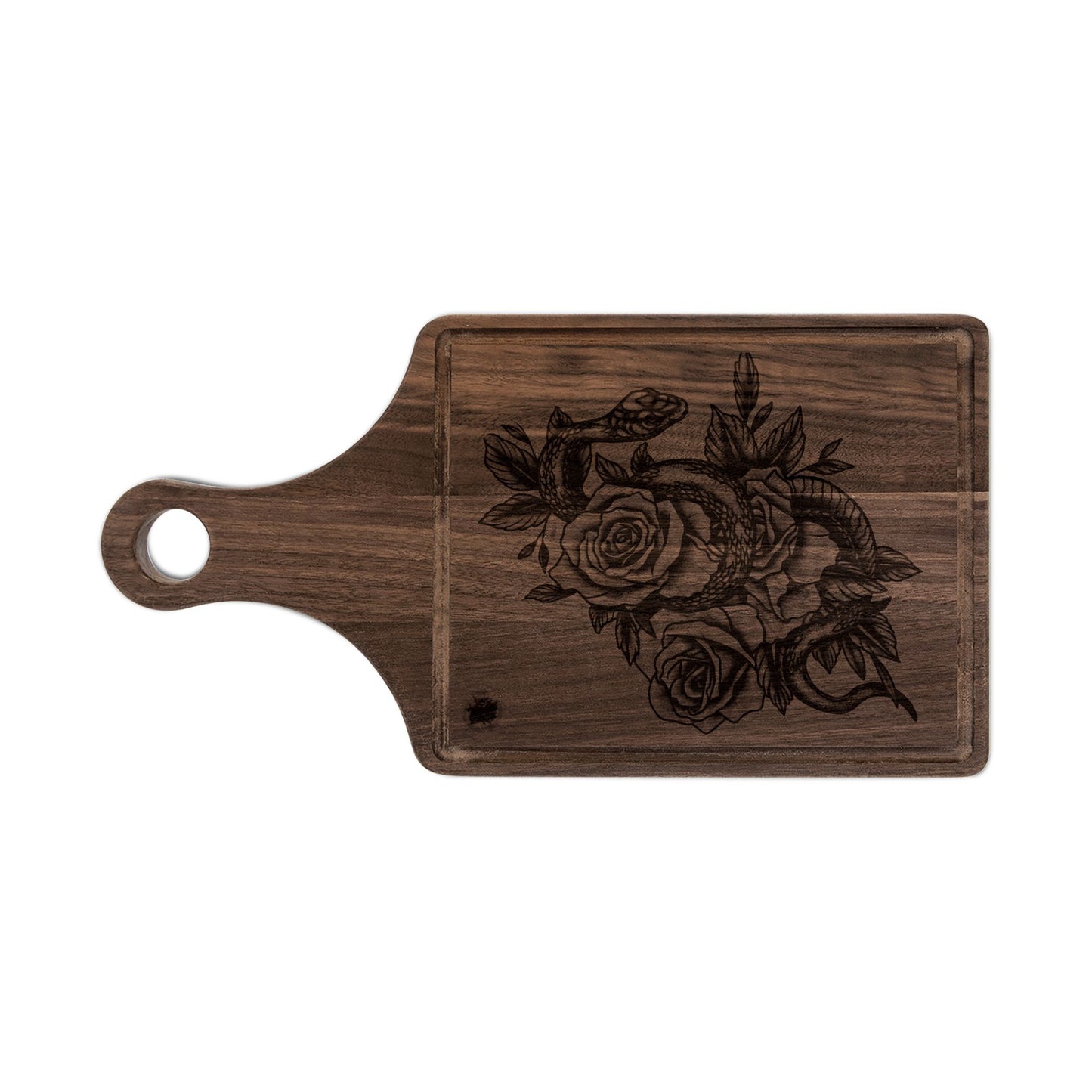 Snake & Roses Engraved Wooden Cutting Board — Decorative Paddle & Rectangular Serving Board