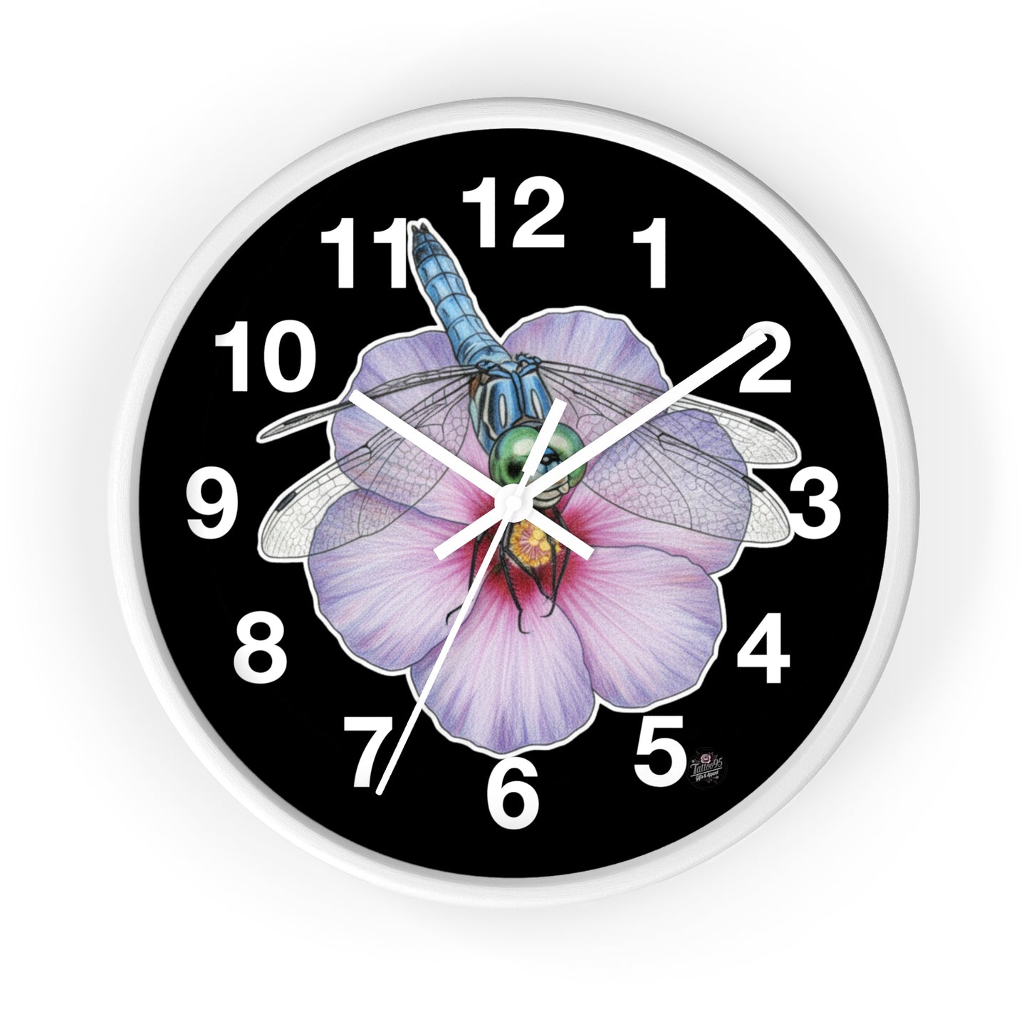 Dragonfly Hibiscus - Wall Clock — Black Background Silent 10" Clock