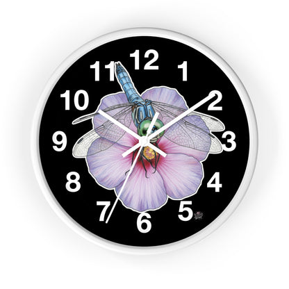 Dragonfly Hibiscus - Wall Clock — Black Background Silent 10" Clock