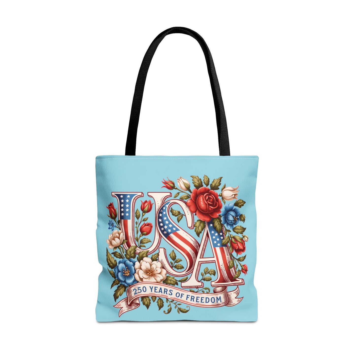 Floral USA -- Happy 250th Birthday America Tote Bag — Patriotic 4th of July Celebration Tote