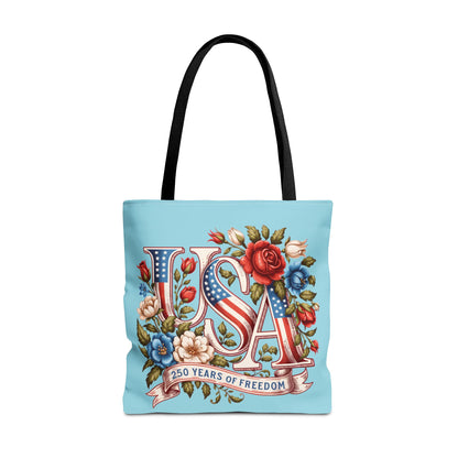 Floral USA -- Happy 250th Birthday America Tote Bag — Patriotic 4th of July Celebration Tote