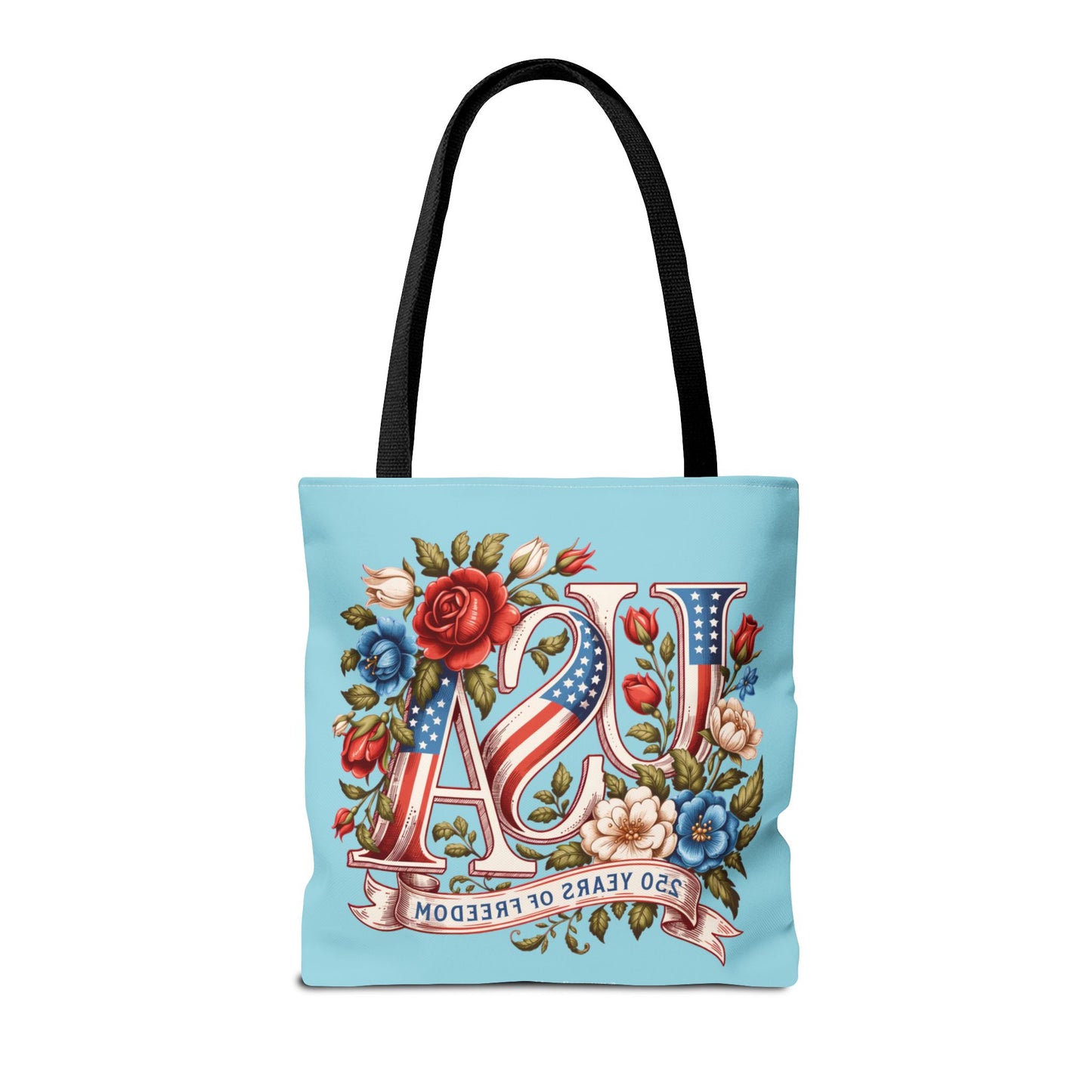 Floral USA -- Happy 250th Birthday America Tote Bag — Patriotic 4th of July Celebration Tote