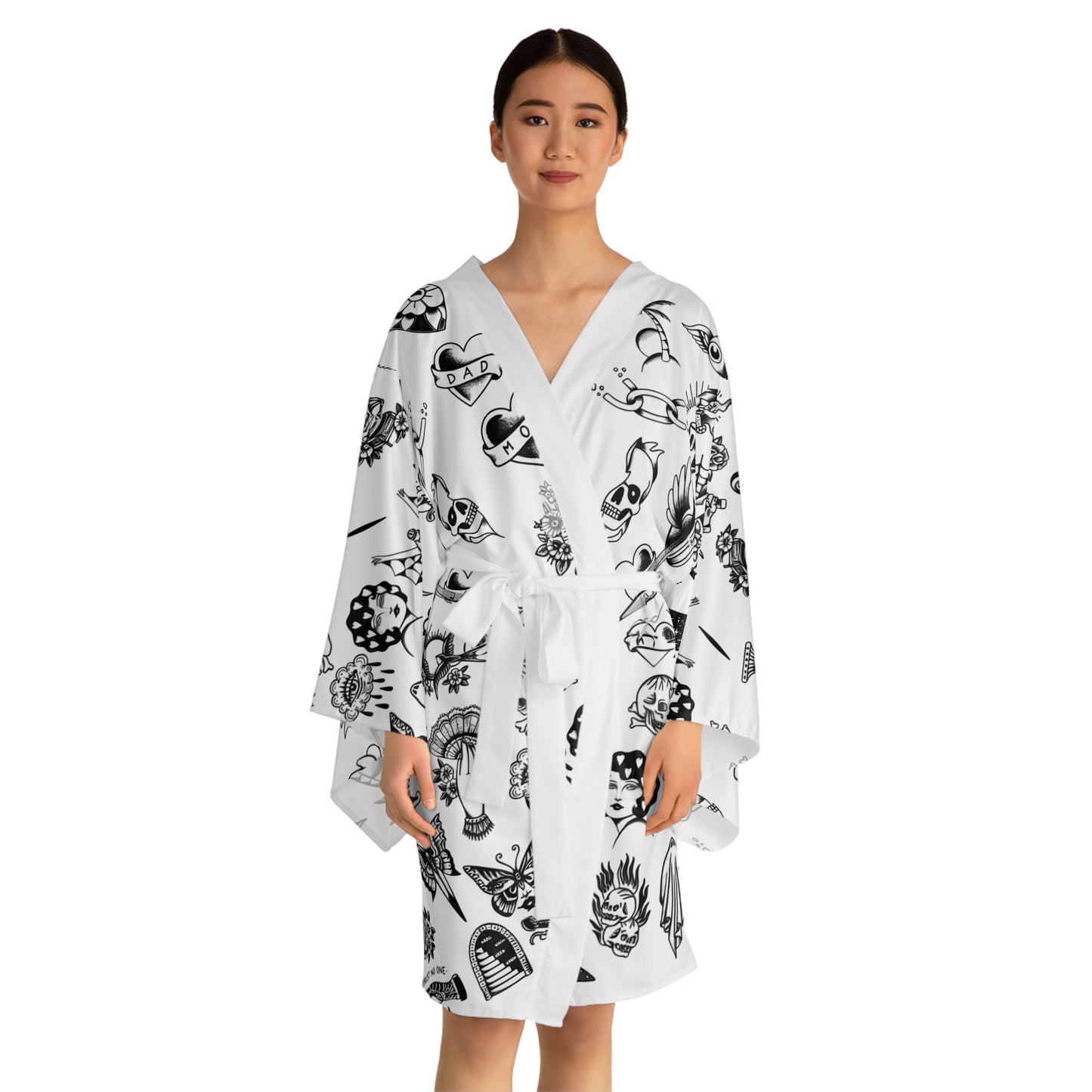 Silken Tattoo-Style Kimono Robe — Mid-Length Bell Sleeve Lounge & Evening Wrap